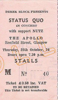 ticket of the legendary Status Quo shows in October 1976